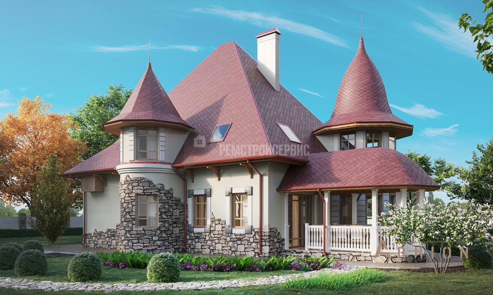 2. Проект одноэтажного дома в замковом стиле с многоскатной кровлей, t-50-01, площадью - 182 кв c мансардой, терассой, балконом, гаражом, эркером